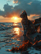 Kätzchen an einem wundervollen Strand bei Sonnenuntergang, Goldene Stunde am Meer, Junge Katze
