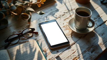 Wall Mural - White office desk workplace with blank screen smart phone, eyeglass, book and coffee mug, Top view flat lay with copy space, Ai generated.