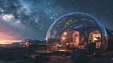 Fototapeta Londyn - Imagining the first night under the stars in a dome house on Mars, inhabited by pioneers. A vision of cosmic beauty and human endeavor on the Red Planet. Generative AI