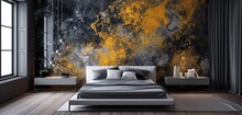 A Modern Bedroom With A 3D Intricate Wall Displaying A Neon Abstract Galaxy Design In A Dynamic Duo Of Yellow And Black Paired With A Sleek Silver Bed