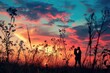 A romantic silhouette of a couple sharing a tender kiss, set against a backdrop of a vividly colorful sunset, painting the sky with hues of love and affection.