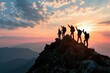A silhouette of a family team reaching the mountain summit together, their joined hands raised in a victorious gesture, embodying the spirit of unity and shared success.