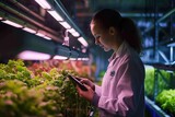 Fototapeta  - An agricultural engineer with a passion for plant health, moving through her vertical farm with a sense of purpose, her tablet a window to a world of data-driven cultivation.