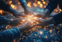 An Artistic Depiction Of A Team's Hands Coming Together Over A Digital Earth, The Blockchain Web Beneath Them A Symbol Of The Robust And Empathetic Connections That Drive Global Success.