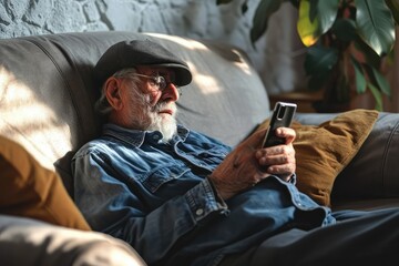 An aged man on the sofa, his smartphone a source of confusion and worry, symbolizing the broader challenges and fears faced by seniors in the age of digital revolution.