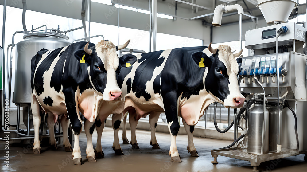 Dairy cows stand in a modern factory with machines efficiently handle ...