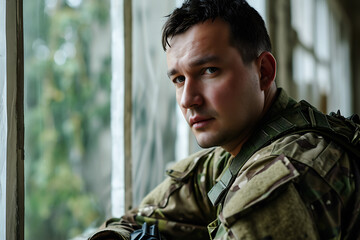 confident portrait of caucasian russian soldier wearing in military clothing on hospital background	
