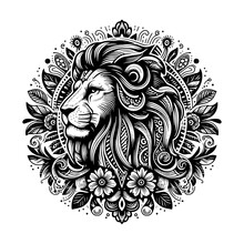 Lion Head Logo With Floral And Flower On The Background - Black And White Ethnic Design (artwork 1 )