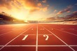 Athletics Track and Field with Blue Sky Background, 3D Rendering, Athlete running track with number on the start in a stadium, AI Generated