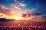 Fototapeta  - Athletics track in stadium at sunset. 3d rendering, Athlete Track or Running Track with nice scenic, AI Generated
