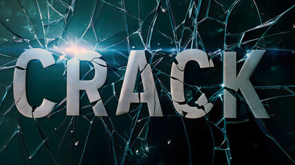The word Crack as text on shattered glass background