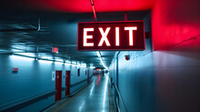 Vivid Red Exit Sign Illuminated Above A Modern Corridor With Reflective Floors And Atmospheric Lighting