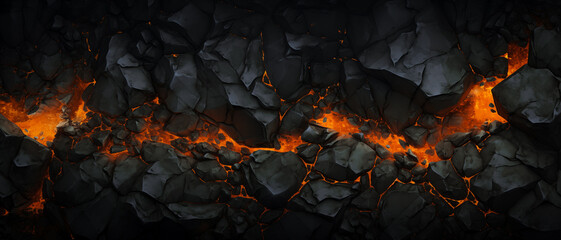 Wall Mural - Halloween molten lava texture background. Burning fire coles concept of armageddon hell. Fiery lava and rock backdrop with atmospheric light, grunge red glowing texture wide banner by Vita