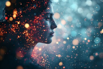 Wall Mural - A portrait shot captures a person against a blurry background, their face illuminated and blending into the universe.