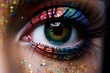 Close-up shot of beautiful woman's eye with multicolor make-up, Close-up of a beautiful woman's eye with multicolored makeup, AI Generated