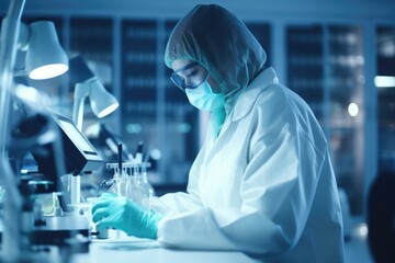 Poster - scientist working with microscope and test tube in laboratory. science background, Closep-up image of a researcher in a protective mask working in a laboratory of a research institute, AI Generated