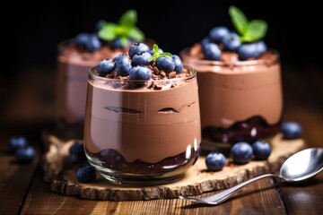 Canvas Print - Chocolate mousse with blueberries and mint in a glass on wooden background, Chocolate mousse garnished with fresh blueberries served in glass jars, with selective focus, AI Generated