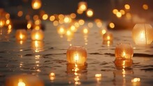 Closeup of the lanterns slowly drifting away, their soft light fading into the distance as they float down the river.
