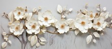 3d Wallpaper Gold And White Flowers On White Marbled Texture Background, In The Style Of Organic Sculptures