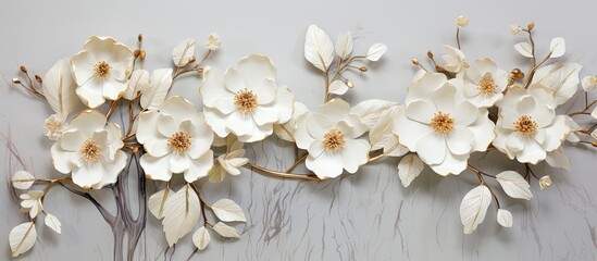 3d wallpaper gold and white flowers on white marbled texture background, in the style of organic scu