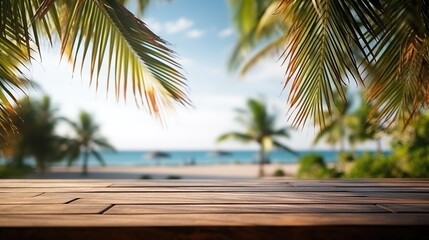 empty wide table top wooden bar with blurred beautiful beach scene background coconut leaf on frame 