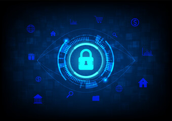 Fototapete - Abstract Technology Background Security system by scanning eyes to enter Big data and internet has tech circles in the center with glowing keys icons scattered around a blue gradient background.