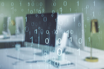Aufkleber - Creative concept of binary code illustration on modern laptop background. Big data and coding concept. Multiexposure