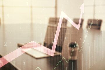 Poster - Multi exposure of abstract creative financial chart with upward arrow on laptop background, rise and breakthrough concept