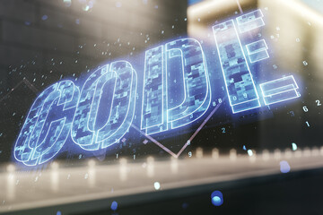 Aufkleber - Code word hologram on modern business center exterior background, artificial intelligence and neural networks concept. Multiexposure