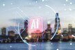 Double exposure of creative artificial Intelligence abbreviation hologram on blurry office buildings background. Future technology and AI concept