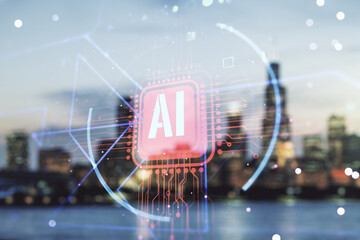 Poster - Double exposure of creative artificial Intelligence abbreviation hologram on blurry office buildings background. Future technology and AI concept