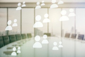Aufkleber - Abstract virtual social network hologram on a modern coworking room background. Double exposure
