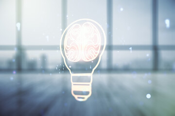 Poster - Abstract virtual creative light bulb with human brain hologram on empty classroom background, artificial Intelligence and neural networks concept. Multiexposure