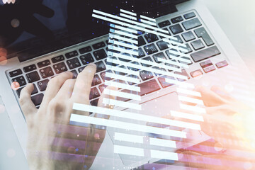 Poster - Double exposure of creative Bitcoin symbol hologram with hands typing on computer keyboard on background. Mining and blockchain concept
