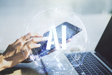 Poster - Creative artificial Intelligence symbol concept with finger presses on a digital tablet on background. Double exposure