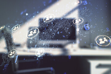 Aufkleber - Double exposure of social network icons concept with world map and modern desktop with laptop on background. Marketing and promotion concept