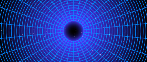 Poster - Blue glowing wireframe tunnel. Neon wormhole in dark space with stars. Grid tunnel in perspective. Funnel or portal illusion. Circular mesh structure tube. Vector optical illusion art
