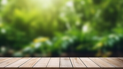 Wall Mural - wooden table space with green home backyard view blurred