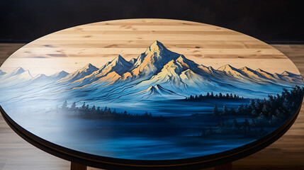 Wall Mural - creative wooden table top with the mountain landscape