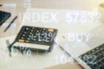Poster - Multi exposure of virtual abstract financial diagram on calculator and pc background, banking and accounting concept