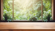© Aura - empty wooden table and window room interior decoration with green garden view