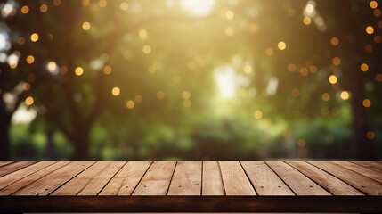 empty wooden deck table with park bokeh background