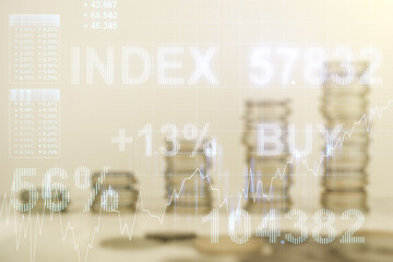 Aufkleber - Multi exposure of virtual creative financial chart hologram on growing stacks of coins background, research and analytics concept