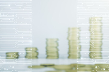 Poster - Abstract virtual microscheme illustration on stacks of coins background. Big data and database concept. Multiexposure