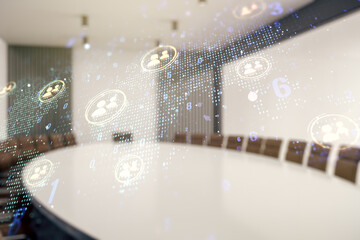Aufkleber - Double exposure of social network icons interface and world map on a modern boardroom background. Networking concept
