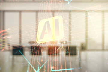 Aufkleber - Double exposure of creative artificial Intelligence icon on a modern meeting room background. Neural networks and machine learning concept