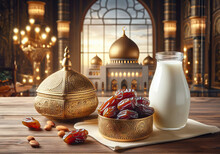 Ramadhan Fasting, Ajwa Dates In A Golden Container On A Wooden Table, Milk In A Glass, Mosque Background With Dome