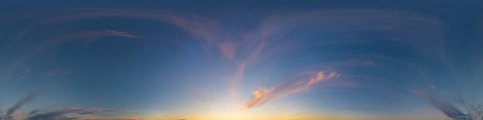 Wall Mural - sunset sky panorama with bright glowing pink cirrus clouds. seamless hdr 360 panorama in spherical e