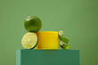 An unlabeled yellow cosmetic jar and fresh lemons are displayed on a podium with a green background. Lemon extract is effective in treating blackheads.