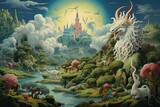 Fototapeta Fototapety z końmi - Fantasy scene with dragon and other animals. 3D illustration, AI Generated